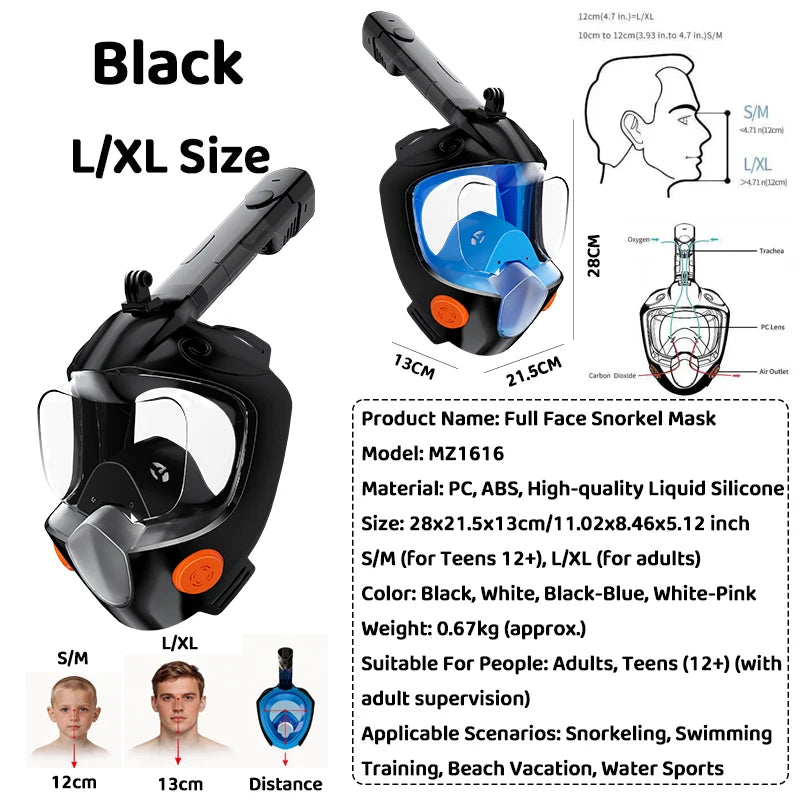 Full Face Snorkel Mask - 180° Panoramic Anti-Fog Dry-Top Leak-Resistant Diving Gear for Adults