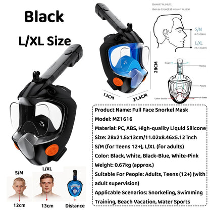 Full Face Snorkel Mask - 180° Panoramic Anti-Fog Dry-Top Leak-Resistant Diving Gear for Adults