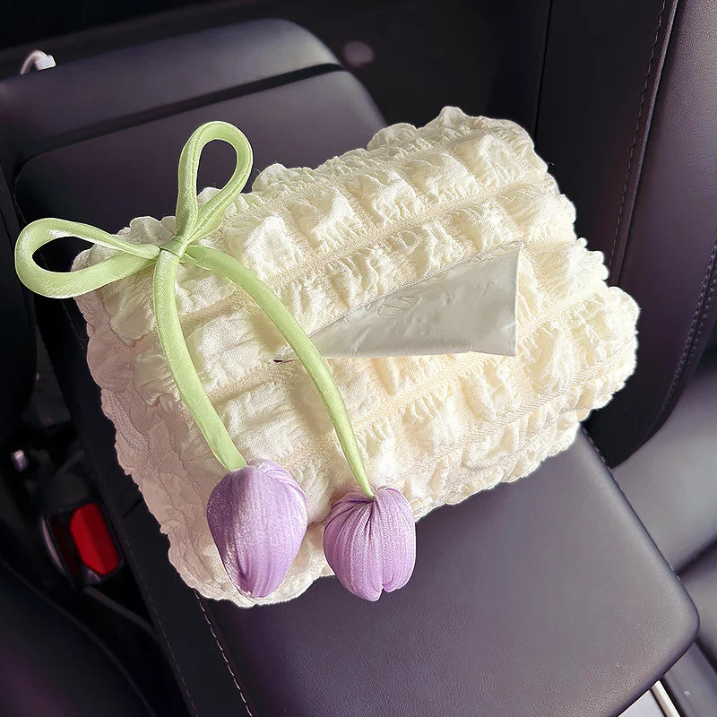 Car Tulip Puff Tissue Box - Creative Hanging Tissue Holder for Car Interior & Armrest