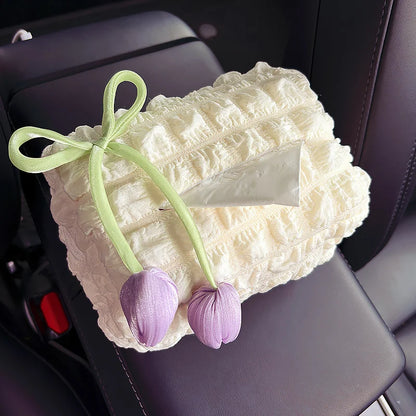 Car Tulip Puff Tissue Box - Creative Hanging Tissue Holder for Car Interior & Armrest