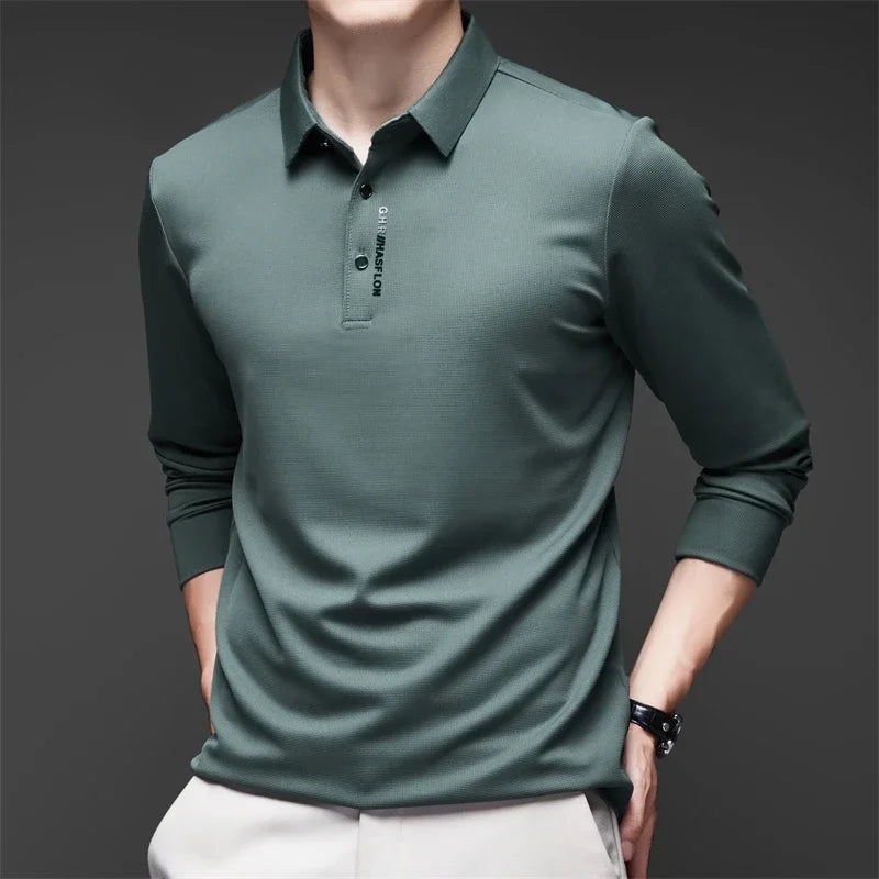 Men's Business Casual Polo Shirt - Long Sleeve Solid Color Top with Badge Detail