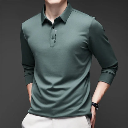 Men's Business Casual Polo Shirt - Long Sleeve Solid Color Top with Badge Detail