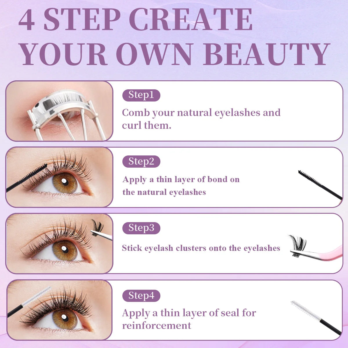 DIY Lash Extension Kit – Mixed Style Lash Clusters with Bond & Seal, Remover, Tweezers & Brush for Natural Volume & Salon-Style Eyelash Extensions