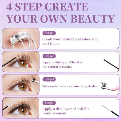 DIY Lash Extension Kit – Mixed Style Lash Clusters with Bond & Seal, Remover, Tweezers & Brush for Natural Volume & Salon-Style Eyelash Extensions