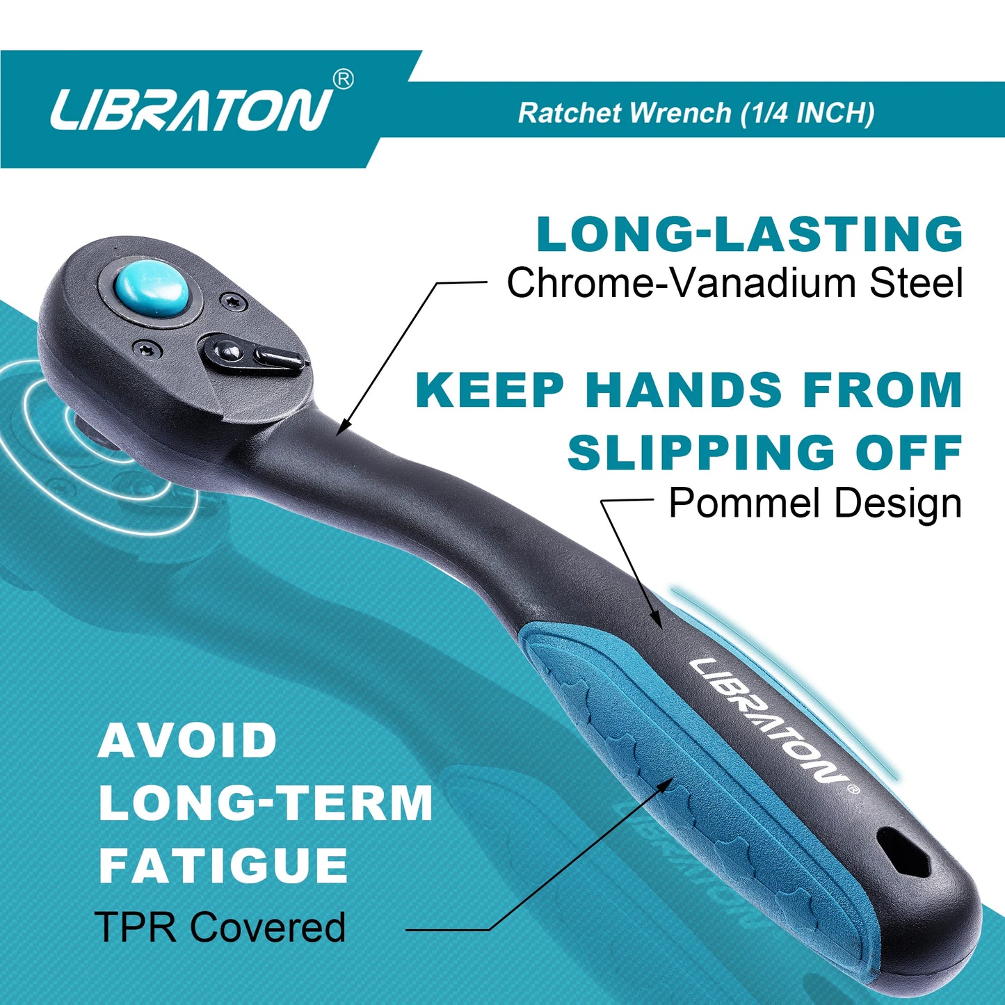 Libraton 1/4 Inch Ratchet Handle – Teardrop Head, Quick-Release, Comfort Grip, 1-Pack