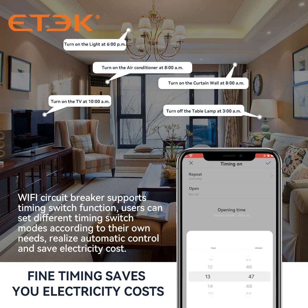 ETEK Tuya WiFi Smart Circuit Breaker RCBO – Remote Control, Short Circuit Protection, Timer, 2P 16A-63A, Smart Life App (EKR3L)