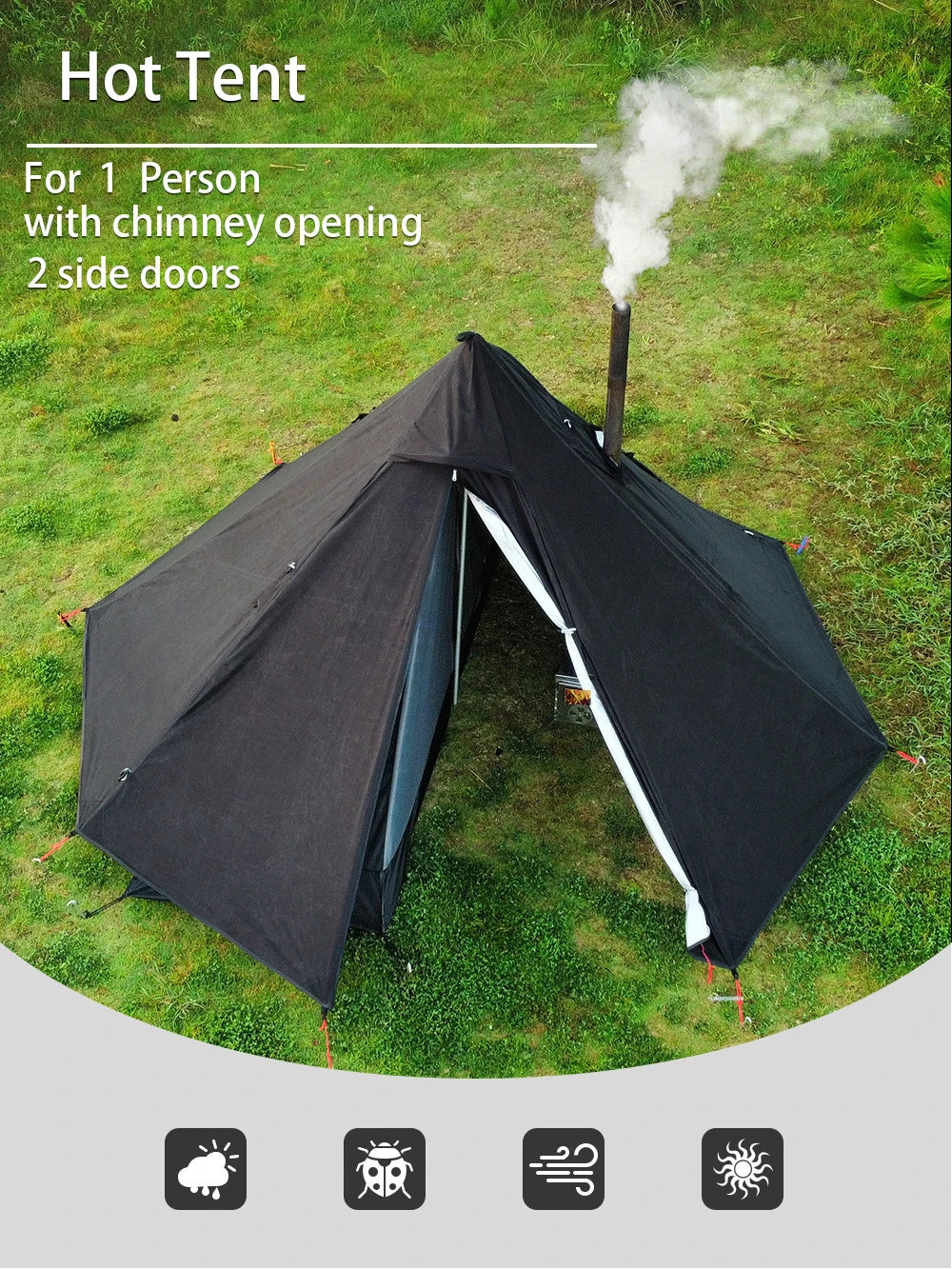 Camping Hot Tent with Chimney Window – Ultralight Tipi Teepee Pyramid Tent, Double Layer Bushcraft Shelter for 1 Person