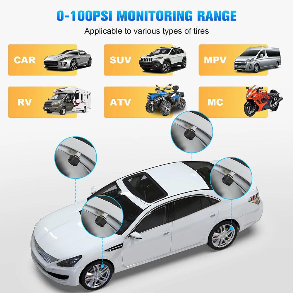 Car TPMS Bluetooth 5.0 Tire Pressure Monitoring System – Motorcycle & Car Tyre Sensor with iOS/Android App Display