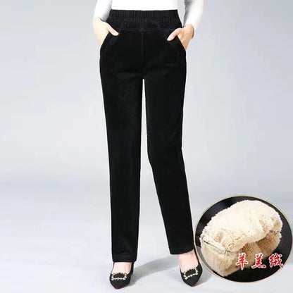 Women's Plush Thick Casual Pants - Fleece Corduroy High Waist Leggings for Autumn/Winter - Warm Pencil Trousers