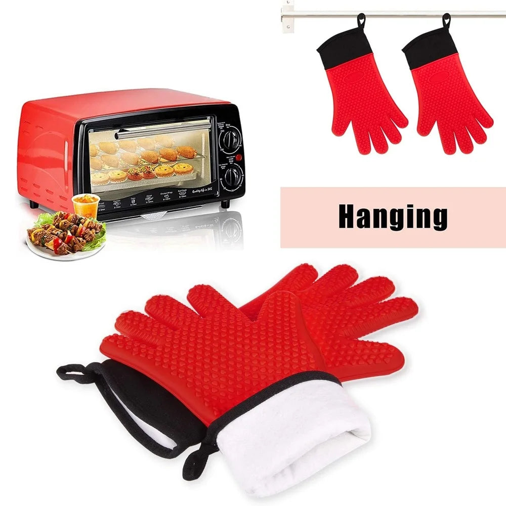 Heat-Resistant Silicone Gloves – Non-Slip Oven Mitts for Kitchen, BBQ, Baking & Cooking with Canvas Stitching