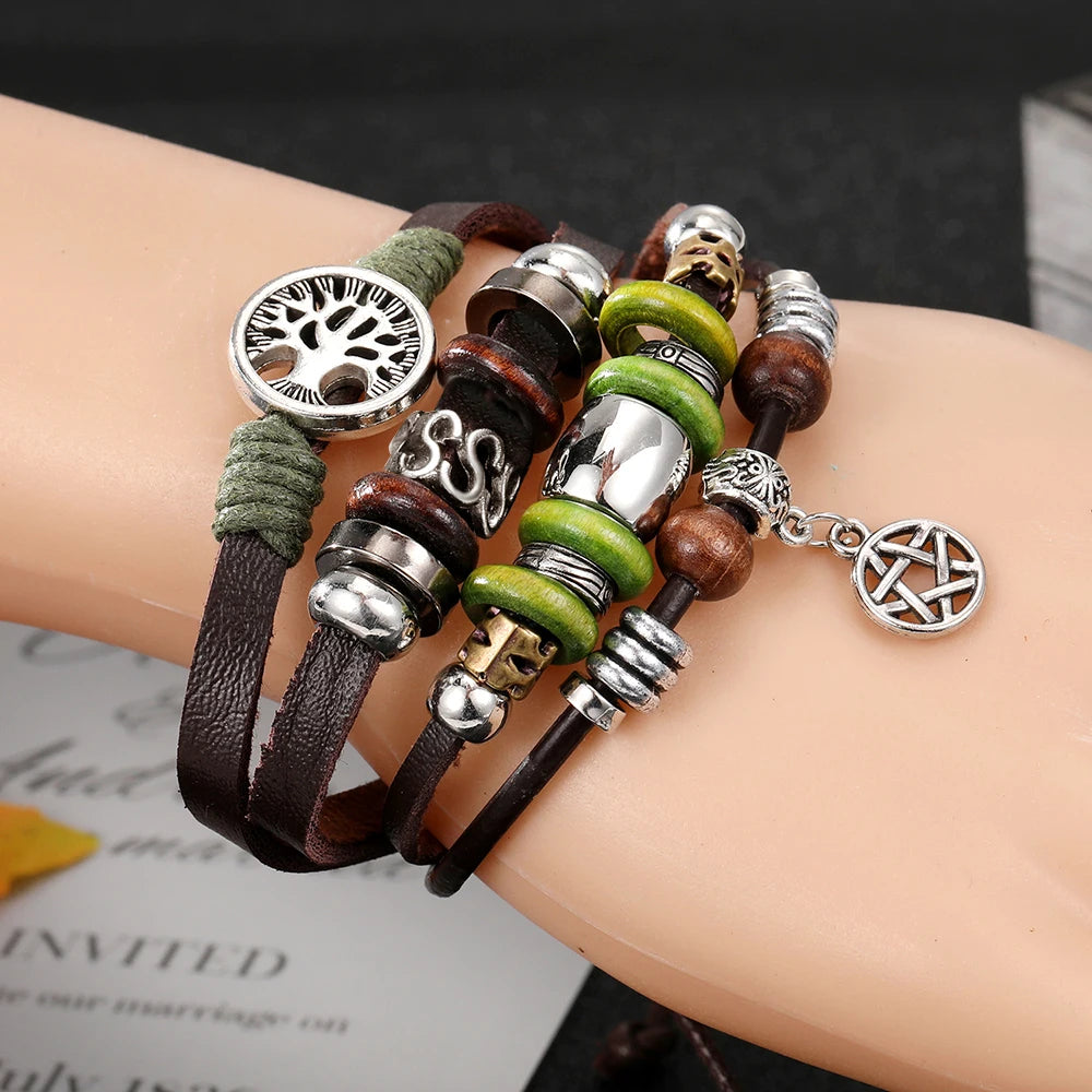 Vintage Gothic Punk Moon & Star Metal Bracelet - Multilayer Leather Bangle for Men, Leaf & Sun Arm Jewelry