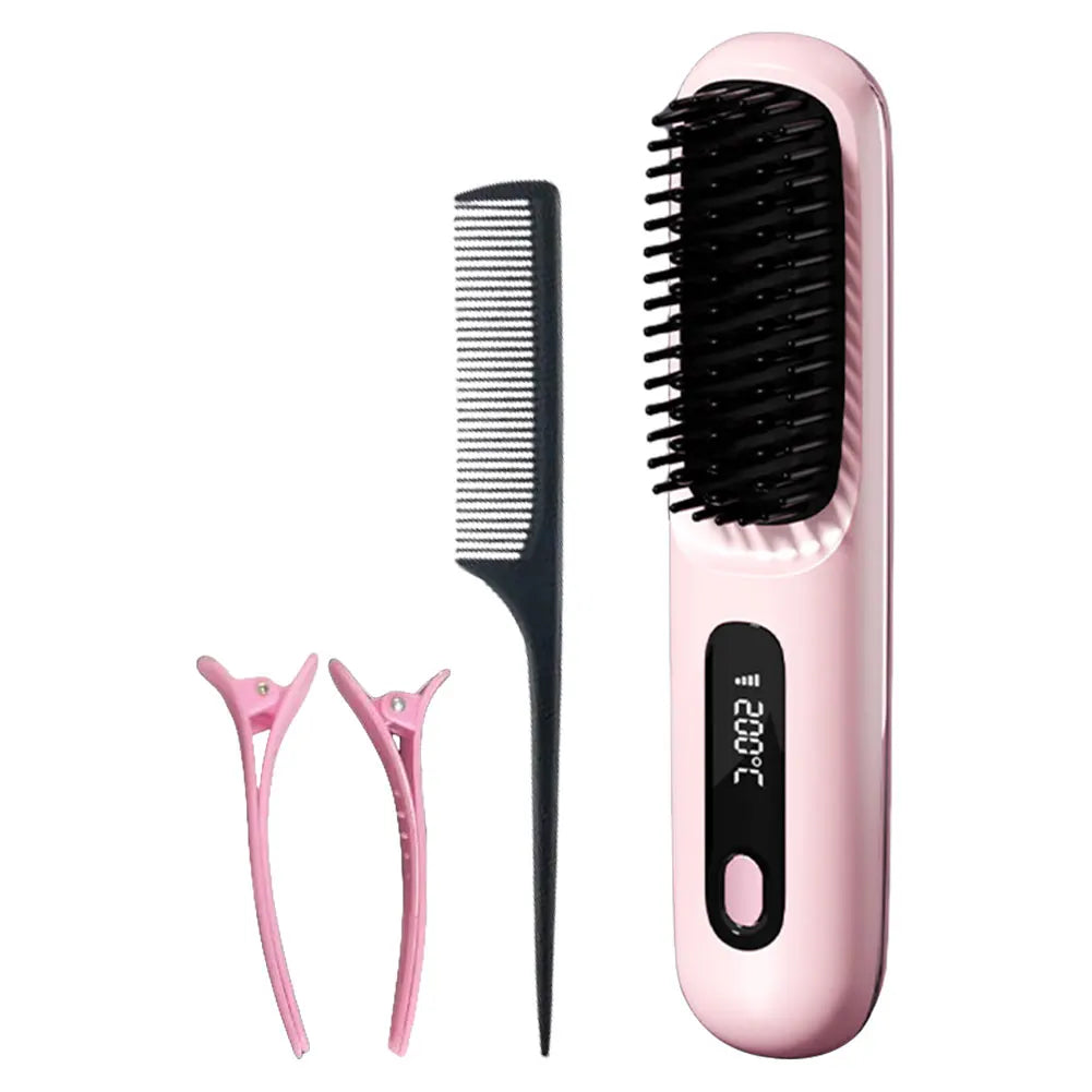 Cordless Hair Straightener Brush – Anti-Scald Electric Hot Comb with 3 Temperature Settings