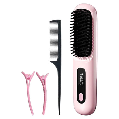 Cordless Hair Straightener Brush – Anti-Scald Electric Hot Comb with 3 Temperature Settings