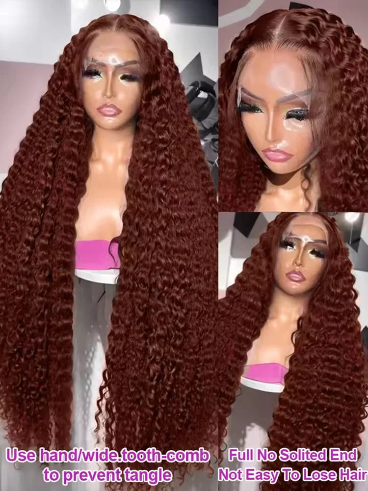30–40 Inch Reddish Brown Human Hair Wig – 13x6/13x4/13x7 HD Lace Frontal, 250% Density Colored Deep Wave Curly Wig