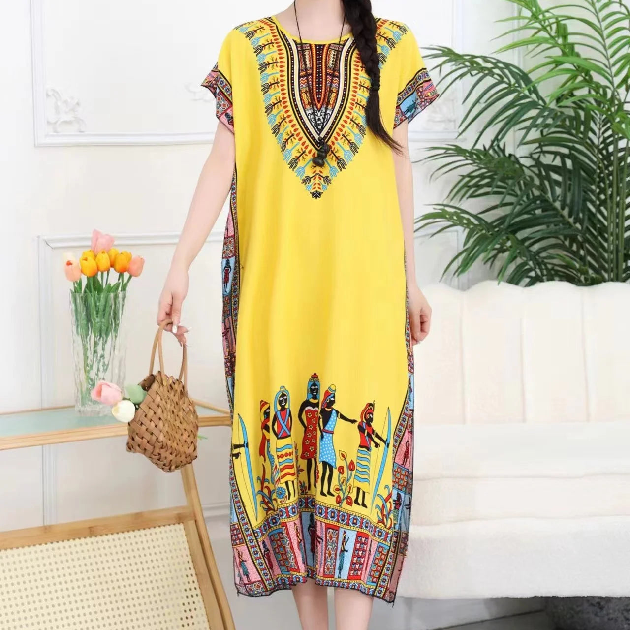 Women’s Bohemian Floral Tunic Dress - Retro Ethnic Print Batwing Sleeve Loose Summer Maternity Streetwear