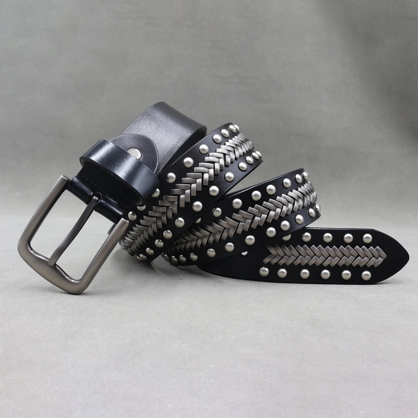 Men’s Designer Rivet Belt – Genuine Cowhide Leather Punk Rock Pin Belt for Jeans, Luxury Black Leather Belt