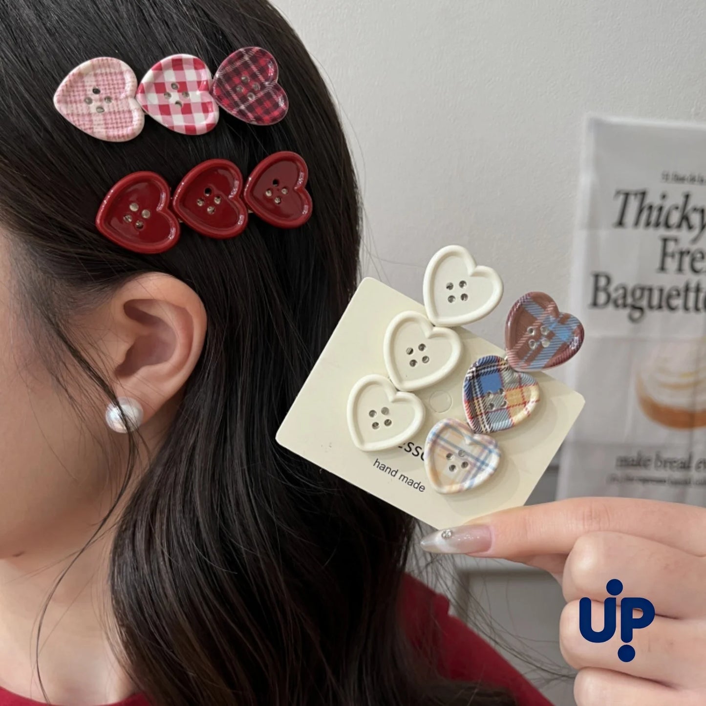 Cute Love Button Hair Clips - Sweet Check Duckbill Side Bangs Clips for Women Girly Hair Accessories