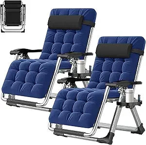 Set of 2 Zero Gravity Outdoor Lounge Chairs – Reclining Patio Sun Loungers with Cushion, Headrest & Cup Holder