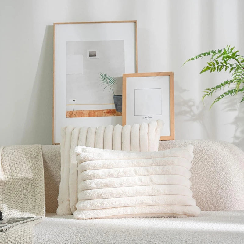 Faux Rabbit Fur Square Cushion Cover – Thick Striped Super Soft Solid Color Pillow, 45x45cm Sofa Decor