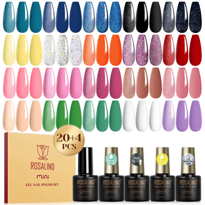 ROSALIND 24PCS Gel Nail Polish Set with Base & Top Coat – Long-Lasting Soak Off Nail Gel Kit