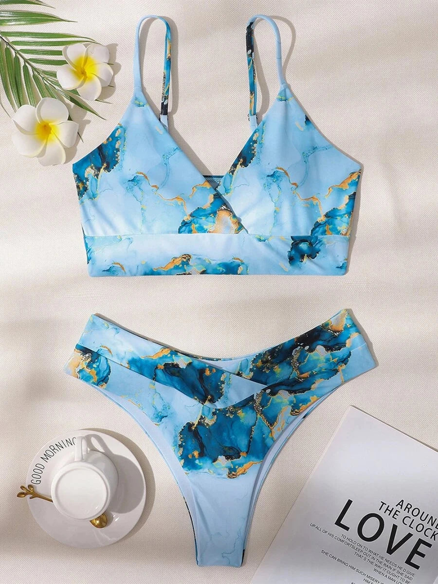 Women’s Marble Print Bandeau Bikini Set - Push Up High Waist Sport Swimsuit Beachwear