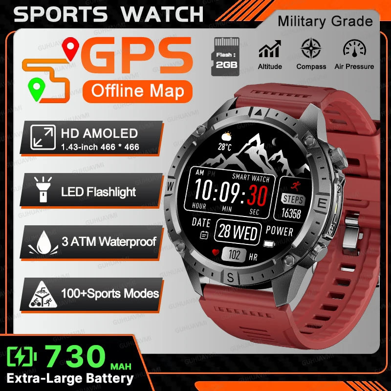 All-Terrain GPS Sports Smartwatch - Offline Maps, Altimeter, Barometer, Compass, 3ATM Waterproof & 730mAh Battery