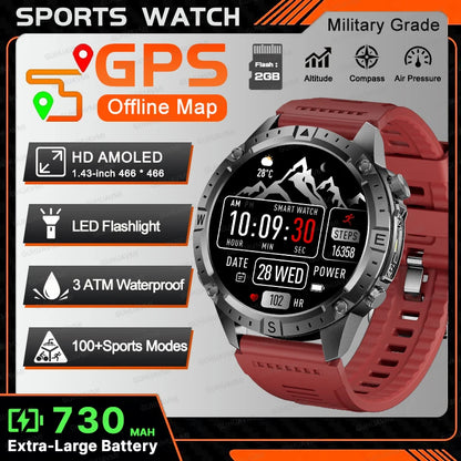 All-Terrain GPS Sports Smartwatch - Offline Maps, Altimeter, Barometer, Compass, 3ATM Waterproof & 730mAh Battery