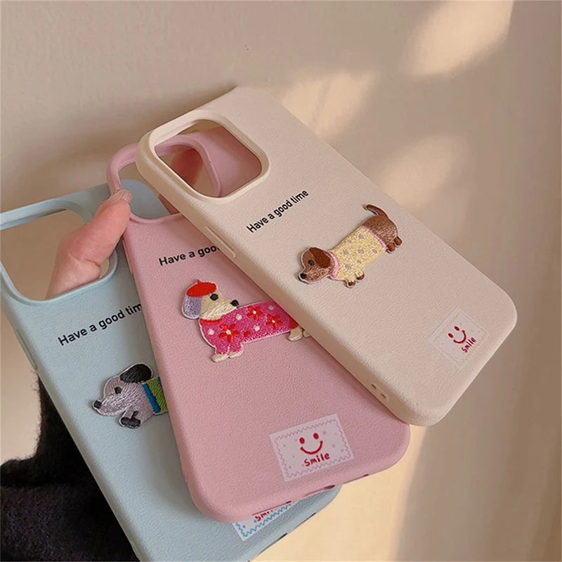 Cute Cartoon Dachshund iPhone Case – Litchi Texture Cover for iPhone 11–17 Pro/Pro Max/Plus/XS Max/XR
