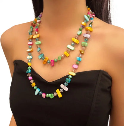 Bohemian Natural Stone Necklace - Handmade Double Layer Crystal Bead Long Chain Jewelry Gift for Women