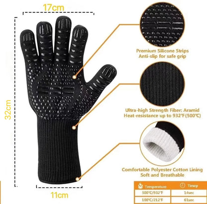 BBQ Gloves - Silicone Heat-Resistant Mitts for Kitchen and Microwave, Fireproof to 800 Degrees, Non-Slip Barbecue Gloves