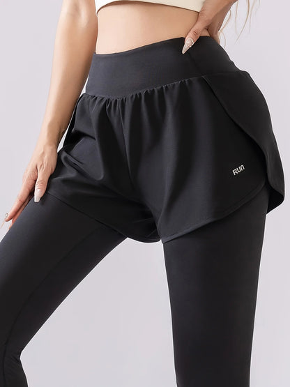 Women’s High Waist Faux Two-Piece Yoga Leggings – Quick Dry Breathable Sweat-Wicking Fitness Pants for Running & Workout
