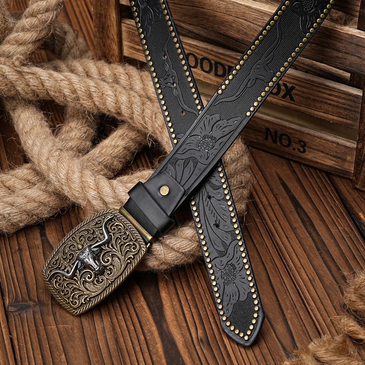 Men & Women Western Cowboy PU Leather Belt – Vintage Floral Engraved Buckle Belt for Jeans