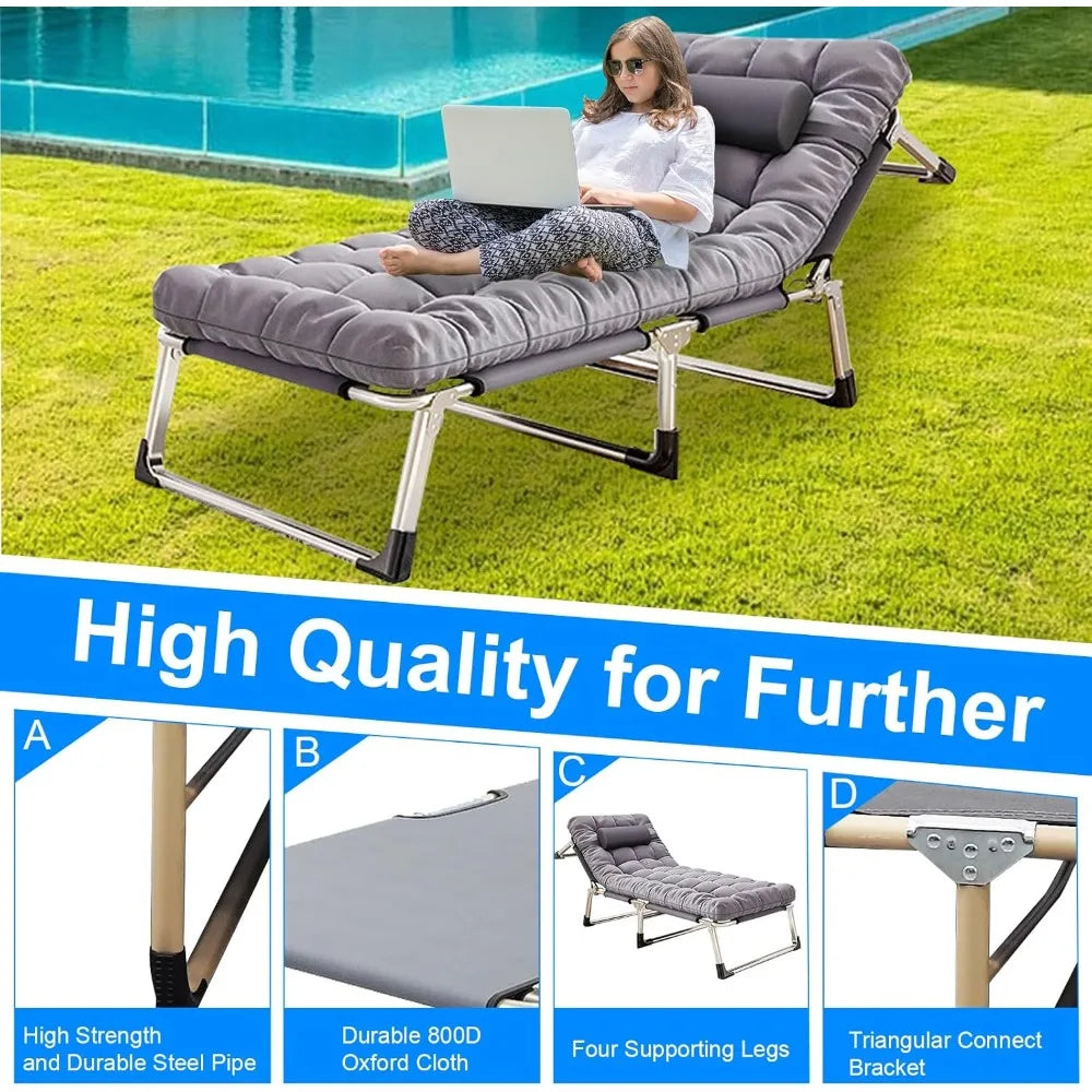 Portable Folding Camping Cot – Reclining Lounge Chair with Pillow & Mattress, 500lb Capacity for Adults