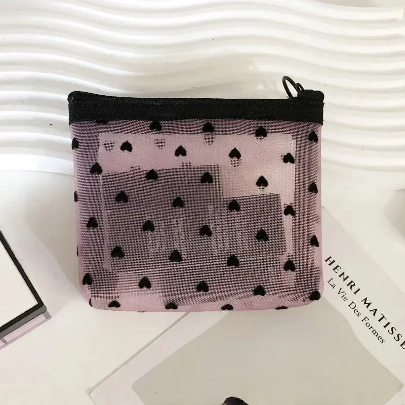 Nylon Mesh Heart-Shaped Cosmetic Bag — Zipper Toiletry & Makeup Organizer Pouch for Women, Multifunctional Lipstick, Key, and Coin Purse
