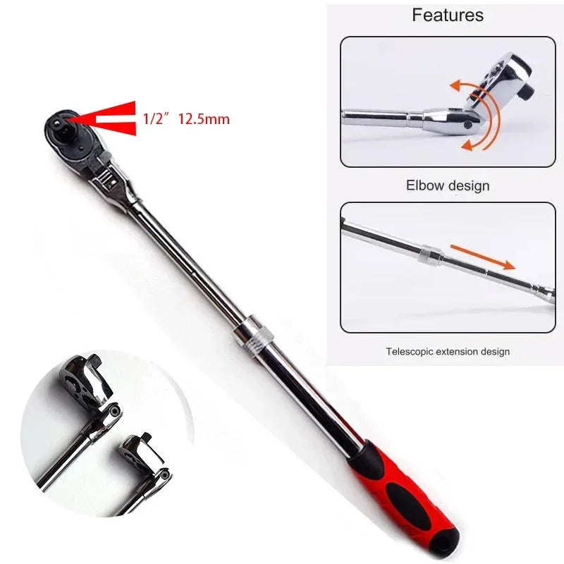 72-Tooth Carbon Steel Retractable Ratchet Wrench — 1/4, 3/8, 1/2 Automatic Quick-Release Multifunctional Hand Tool