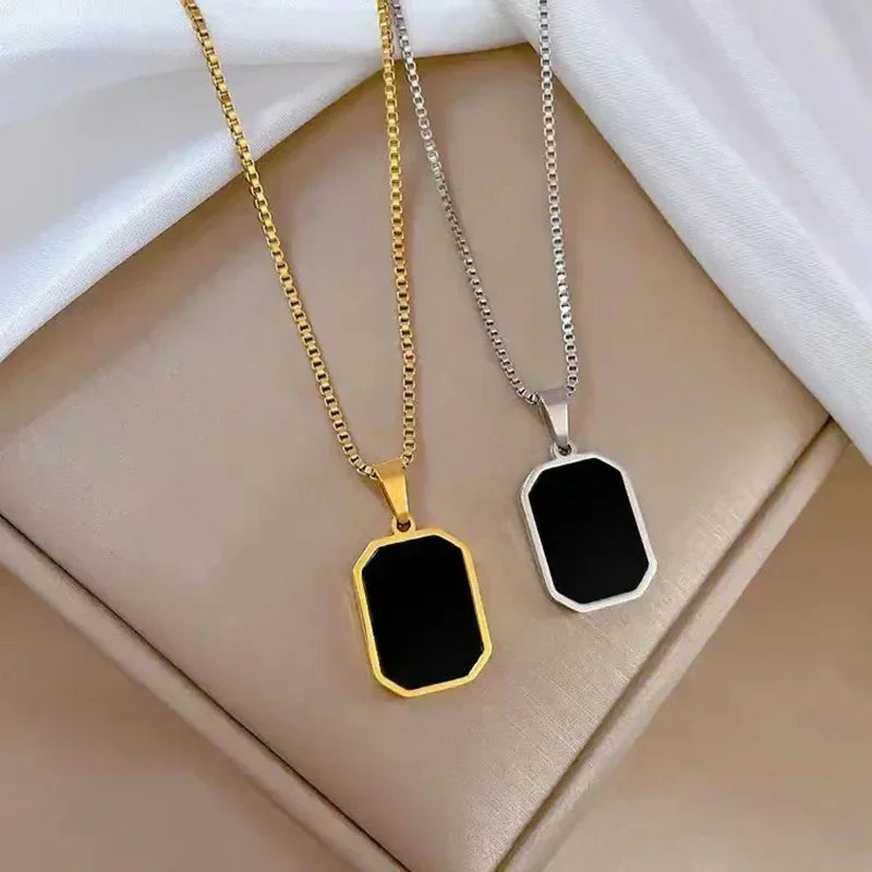 New Stylish Gold Geometric Square Necklace – Black Enamel Rectangle Pendant for Women & Men, Punk Party Jewelry Gift