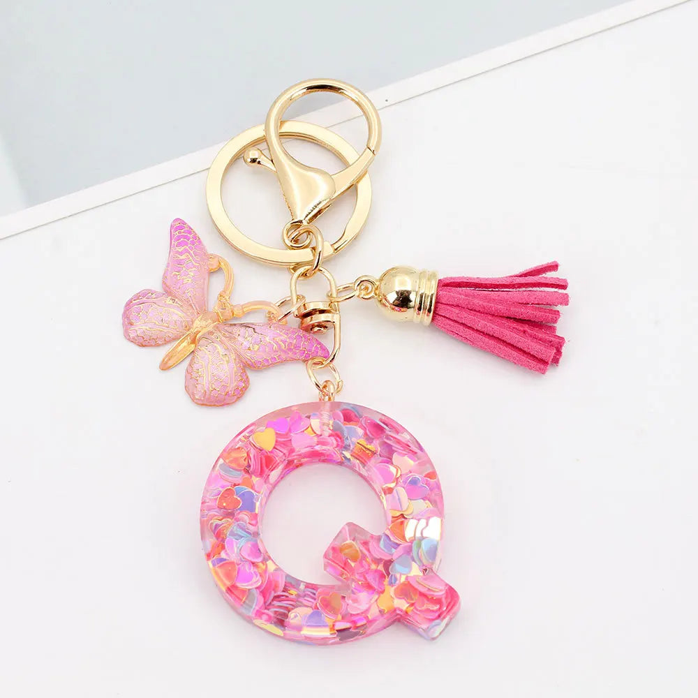 A-Z Letter Acrylic Keychain - Pink Butterfly Tassel Bag Charm & Key Ring