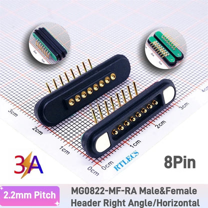 3A Magnetic Pogo Pin Connector - 2–11 Pin Spring-Loaded Male/Female Contact Strip, 2.2mm Pitch