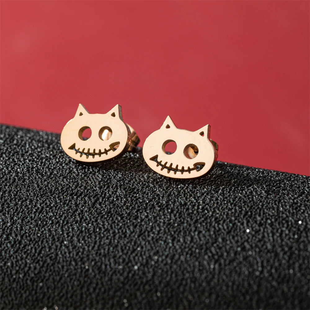 Jisensp Cartoon Cat Earrings — Cute Stainless Steel Kitten Studs for Women & Girls, Funny Animal Jewelry