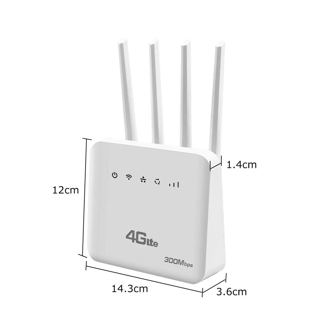 4G LTE SIM WiFi Router WiFi 6 Modem with SIM Card Slot, 300Mbps Speed, 4 Antenna Booster, Mobile Wireless Router