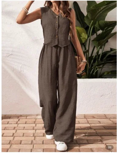 Women’s Summer Cotton Linen Two-Piece Set 2025 – V-Neck Button Vest Top & Casual Trousers Suit Shorts Pants Outfit Set