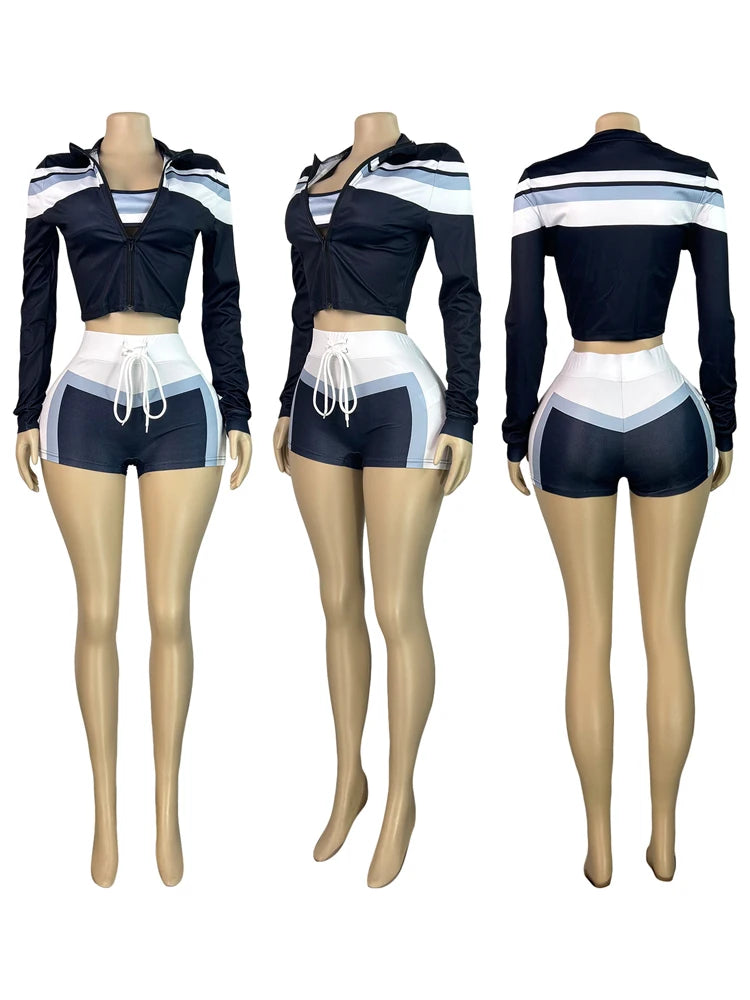 2025 Trending Women’s Summer 3-Piece Tracksuit – Color Block Sports Bra, Jacket & Shorts Gym Workout Set