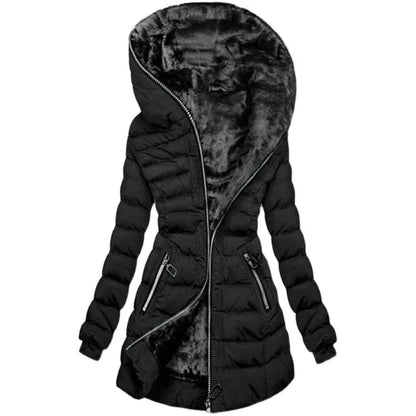 2025 Women’s Winter Parka – Hooded Solid Zipper Midi Coat with Pockets, Slim Fit Long Sleeve Warm Casual Jacket