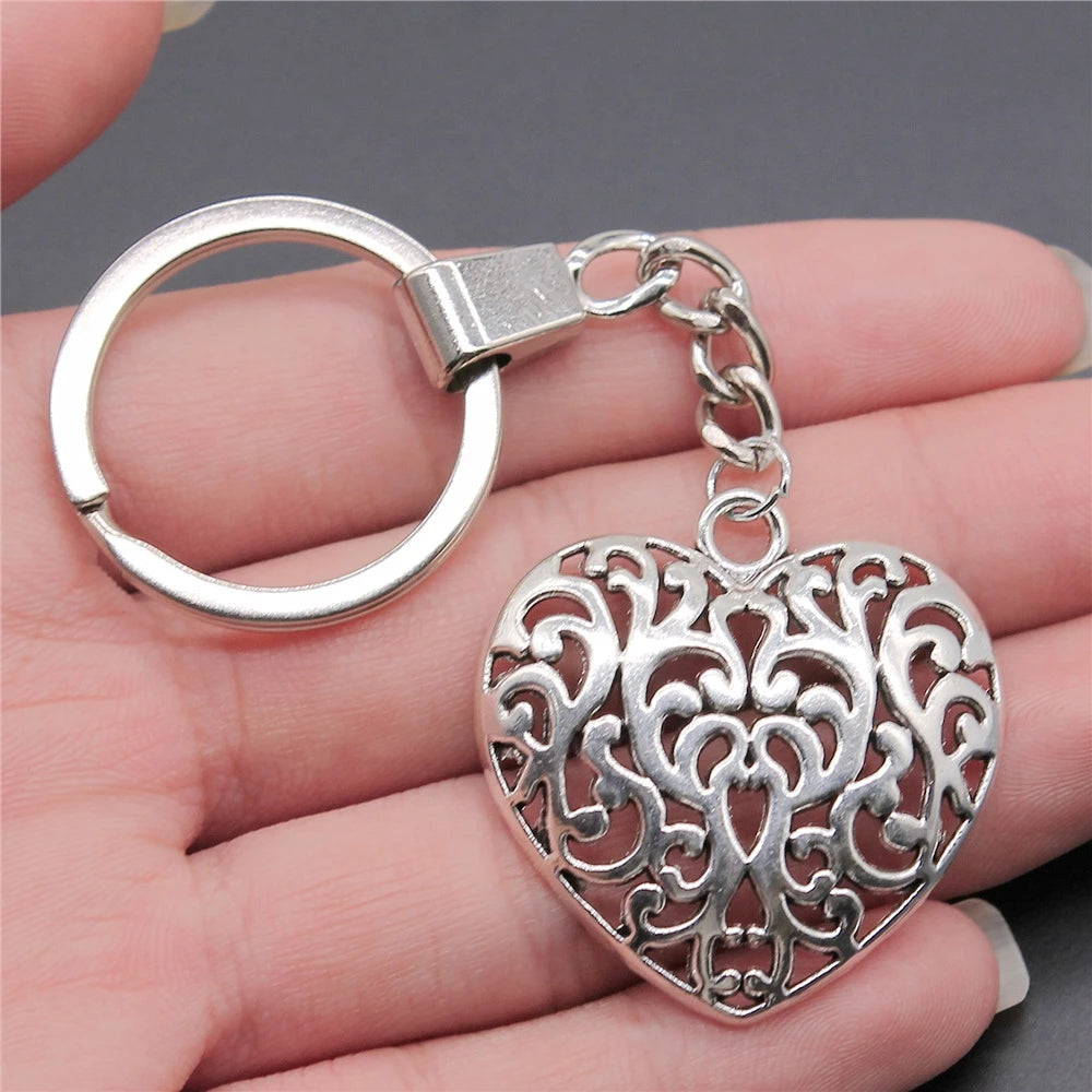 New Fashion Men 30mm Metal Alloy Keychain with Vintage Heart, Flower, Rose, Sunflower & Tree Pendant DIY Keyring Holder Chain Accessory