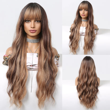 Copper Ginger Red Brown Synthetic Wig – Long Fluffy Wavy Wig with Bangs, Heat-Resistant Cosplay & Daily Wear Hair for Women
