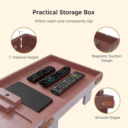Black Sofa Armrest Tray with Storage Box – Couch Arm Table with 360° Rotating Top & Phone Stand
