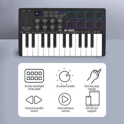M-VAVE 25 Key MIDI Control Keyboard – Portable USB, Velocity-Sensitive Keys, 8 RGB Pads, 8 Knobs