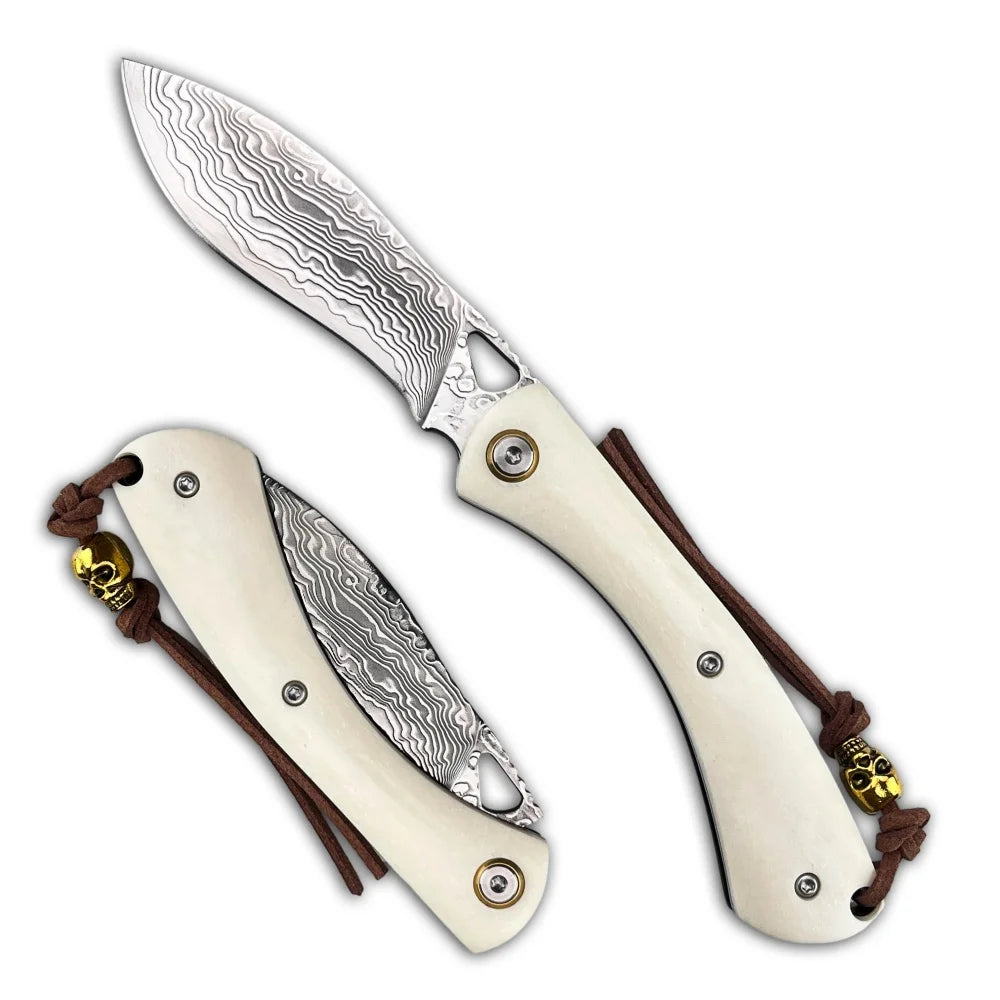 Higonokami Damascus Steel Folding Knife - Bone Handle Camping & Slicing Tool