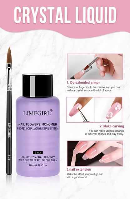 Acrylic Powder and Liquid Monomer Nail Art Kit – Crystal Glitter, 3D Tips, Carving Tools for Manicure Decoration