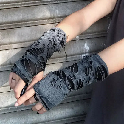 Gothic Fingerless Tear Gloves - Unisex Stretchy Fashion Gloves for Party & Cosplay Wear